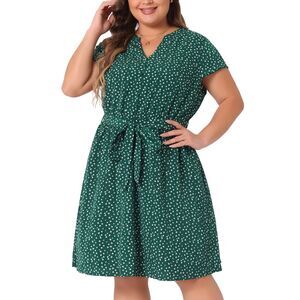 Plus Size Short Sleeve V Neck Floral Chiffon Summer Midi Dress Dark Green
